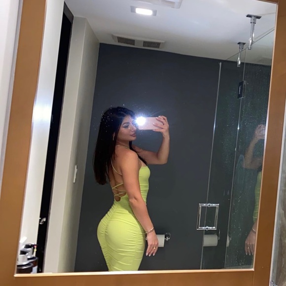 Oh Polly Dresses & Skirts - Oh Polly Low Back Ruched Midi Dress in LIME GREEN